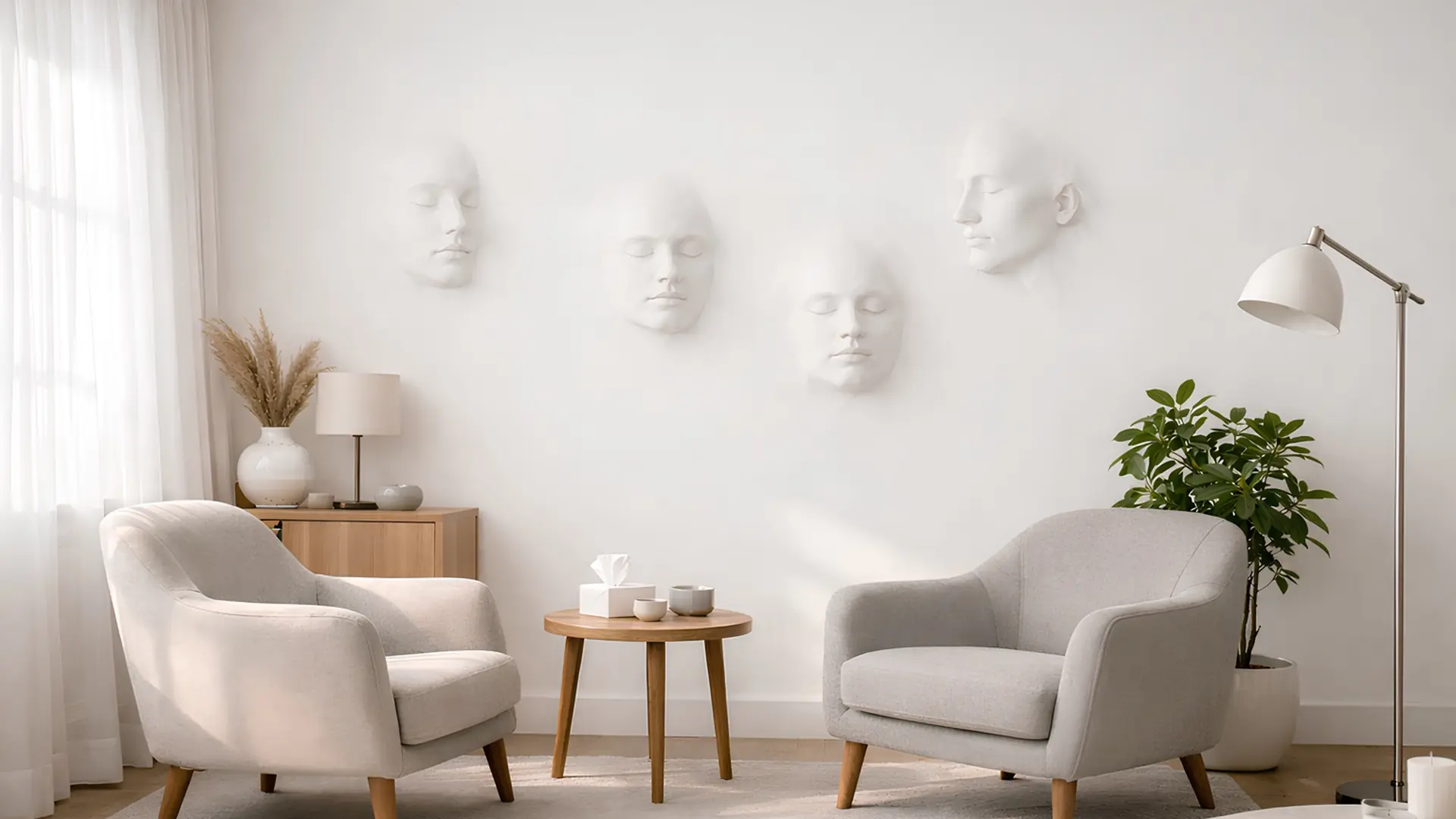 Modern and peaceful minimalist therapy office interior